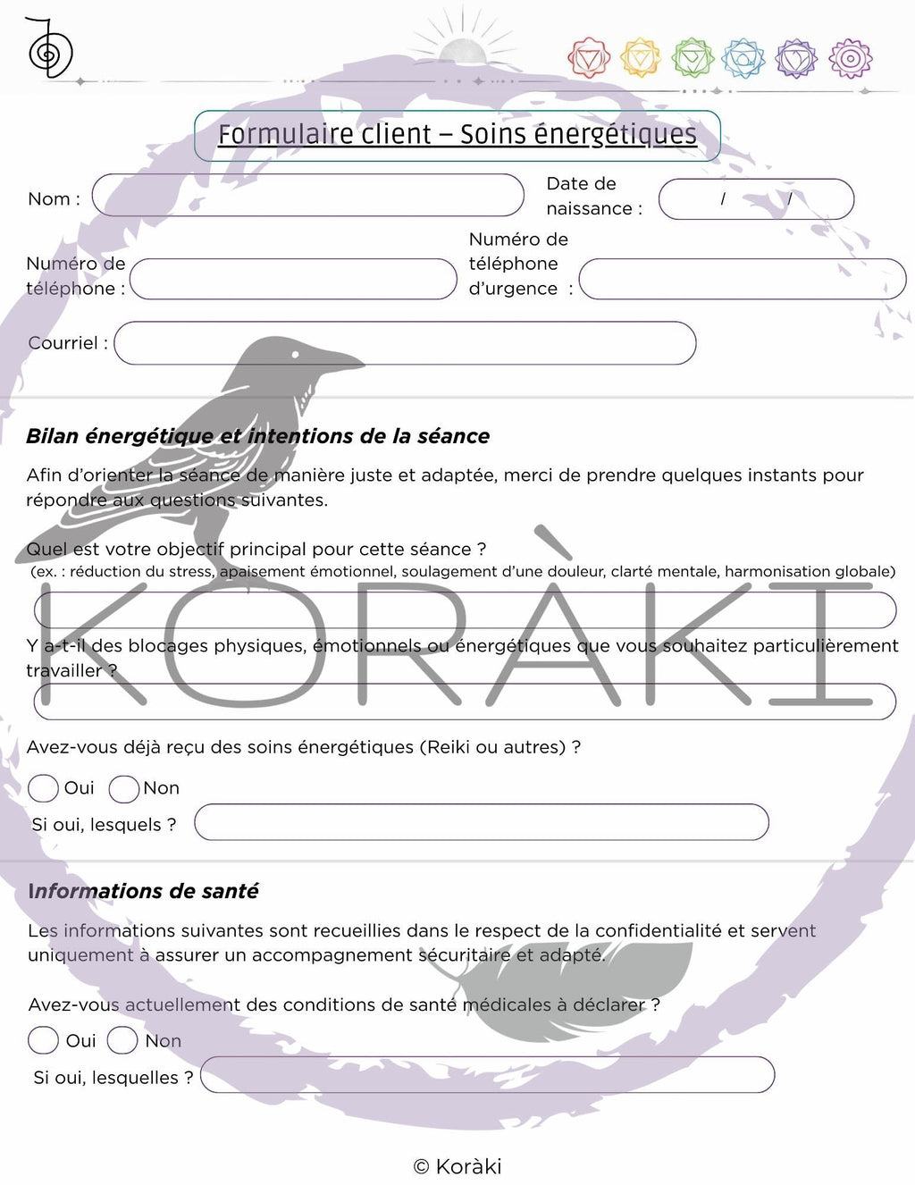 Pack documents praticien Reiki – Formulaires client, séance, suivi & chakras – PDF imprimable