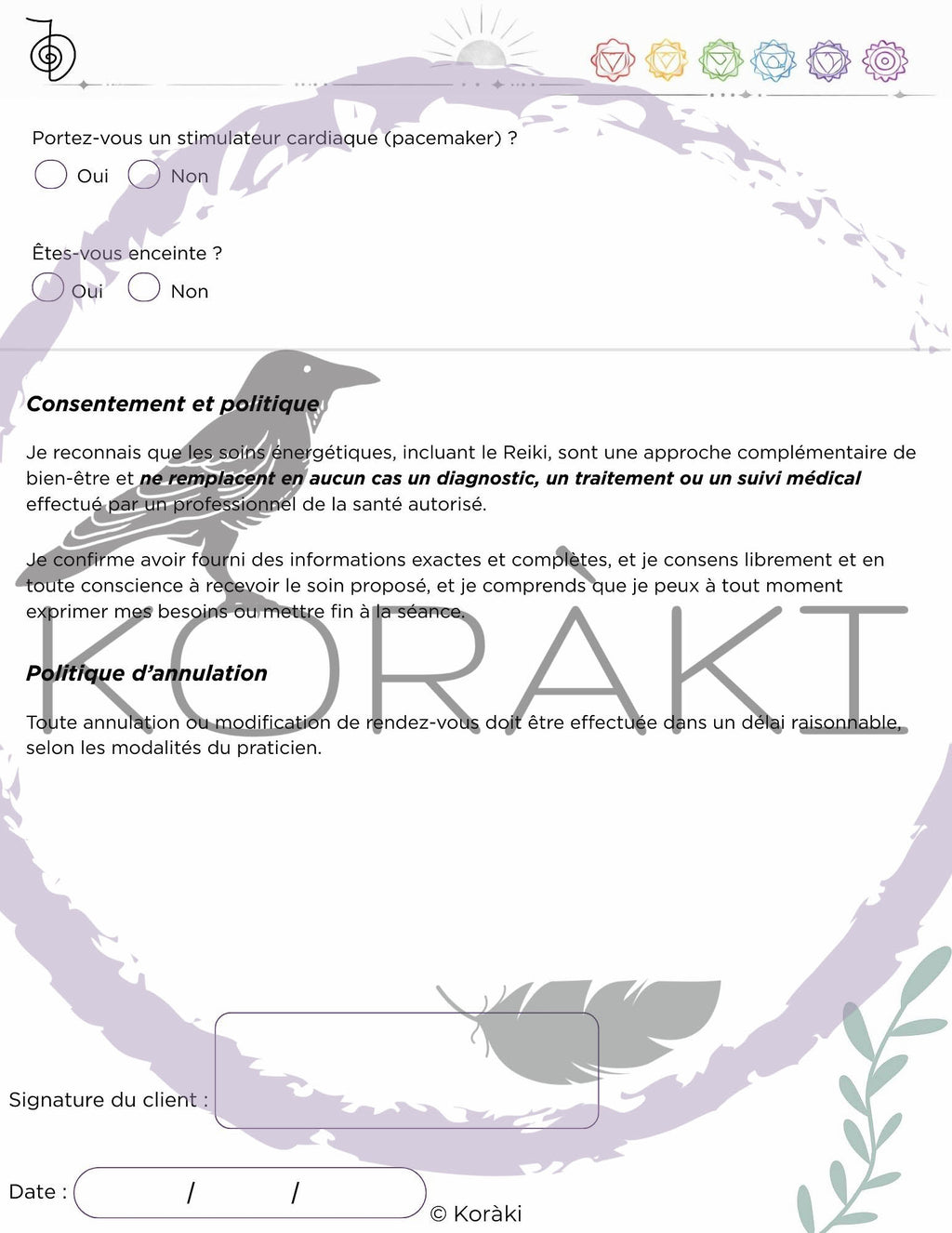 Pack documents praticien Reiki – Formulaires client, séance, suivi & chakras – PDF imprimable