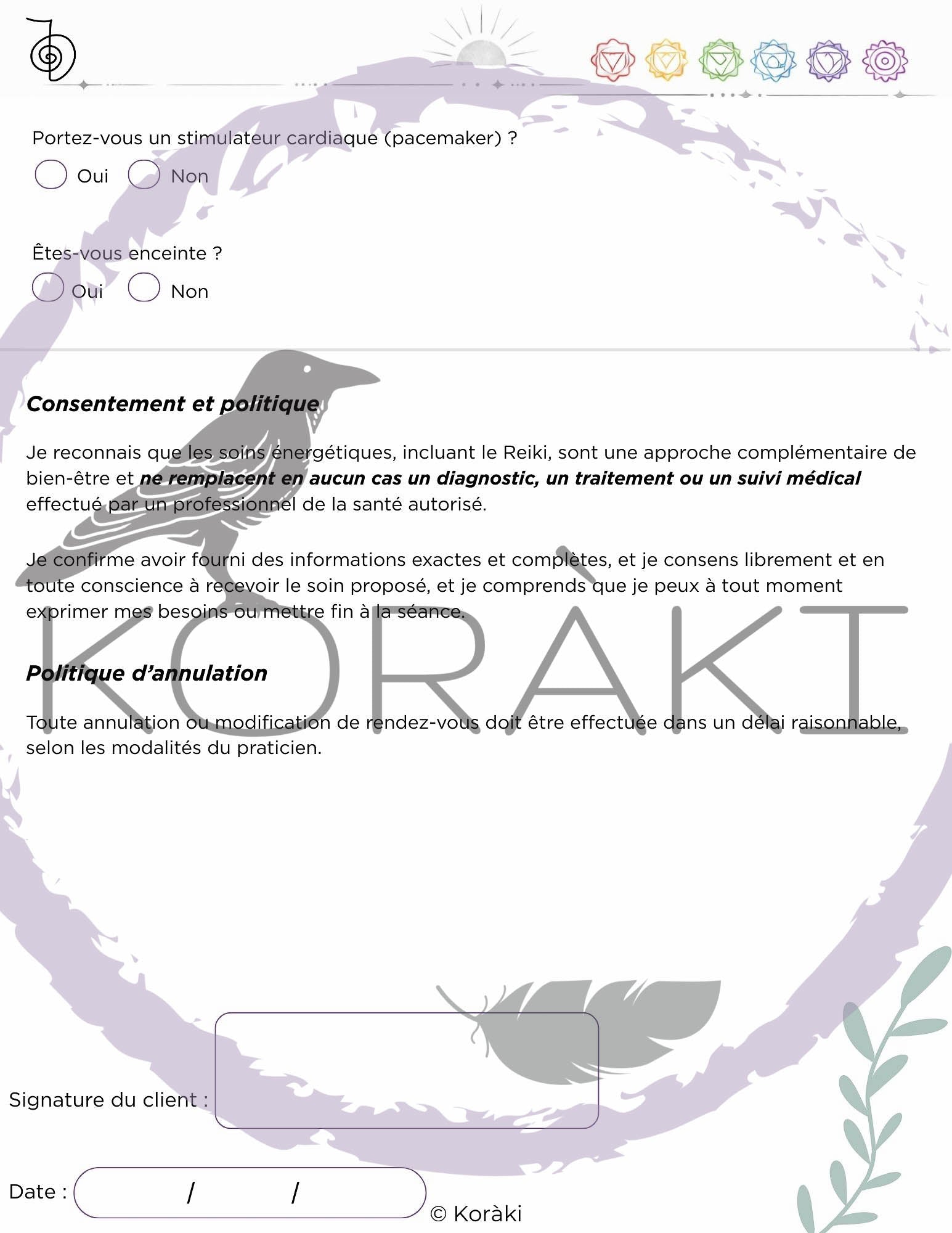 Pack documents praticien Reiki – Formulaires client, séance, suivi & chakras – PDF imprimable