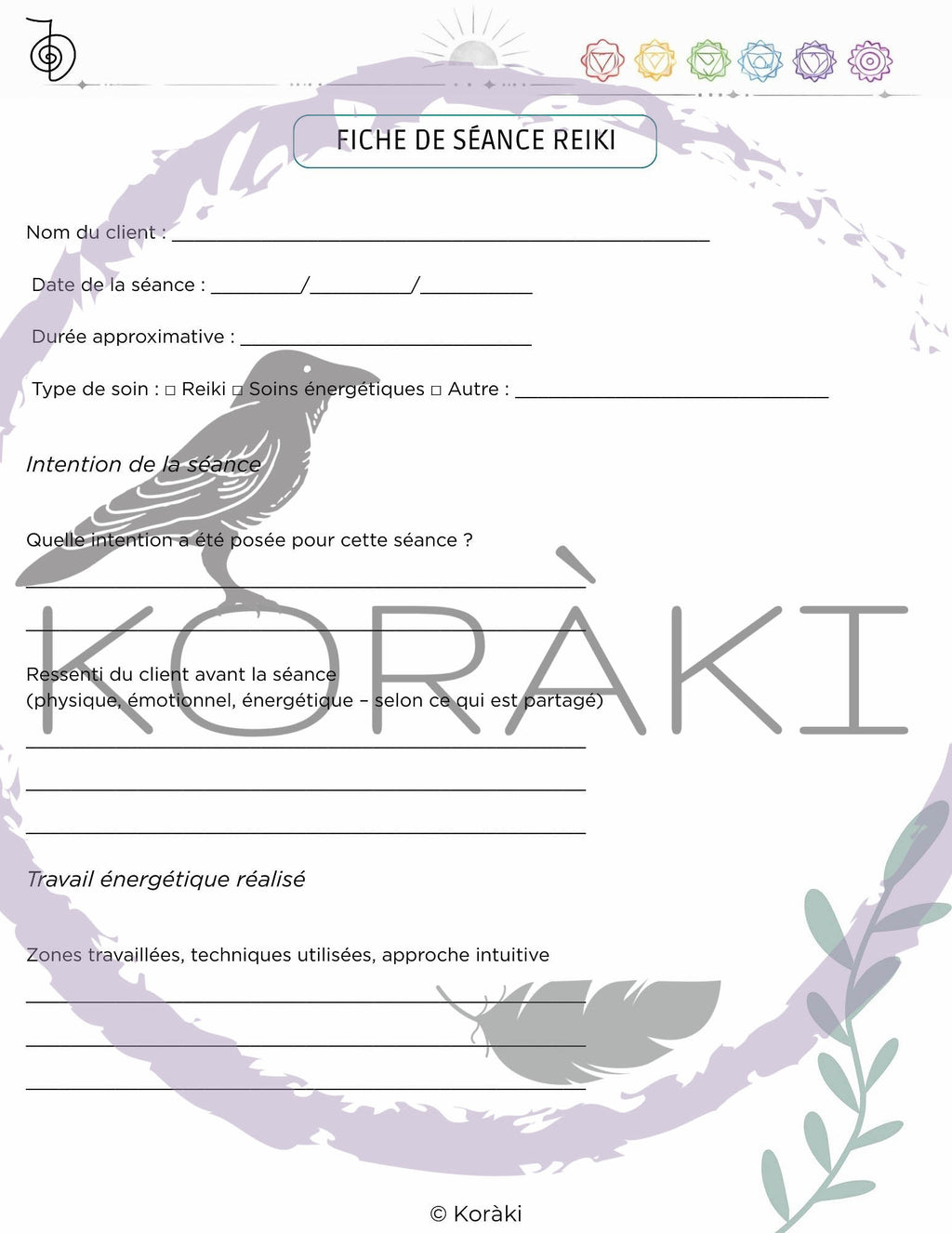Pack documents praticien Reiki – Formulaires client, séance, suivi & chakras – PDF imprimable