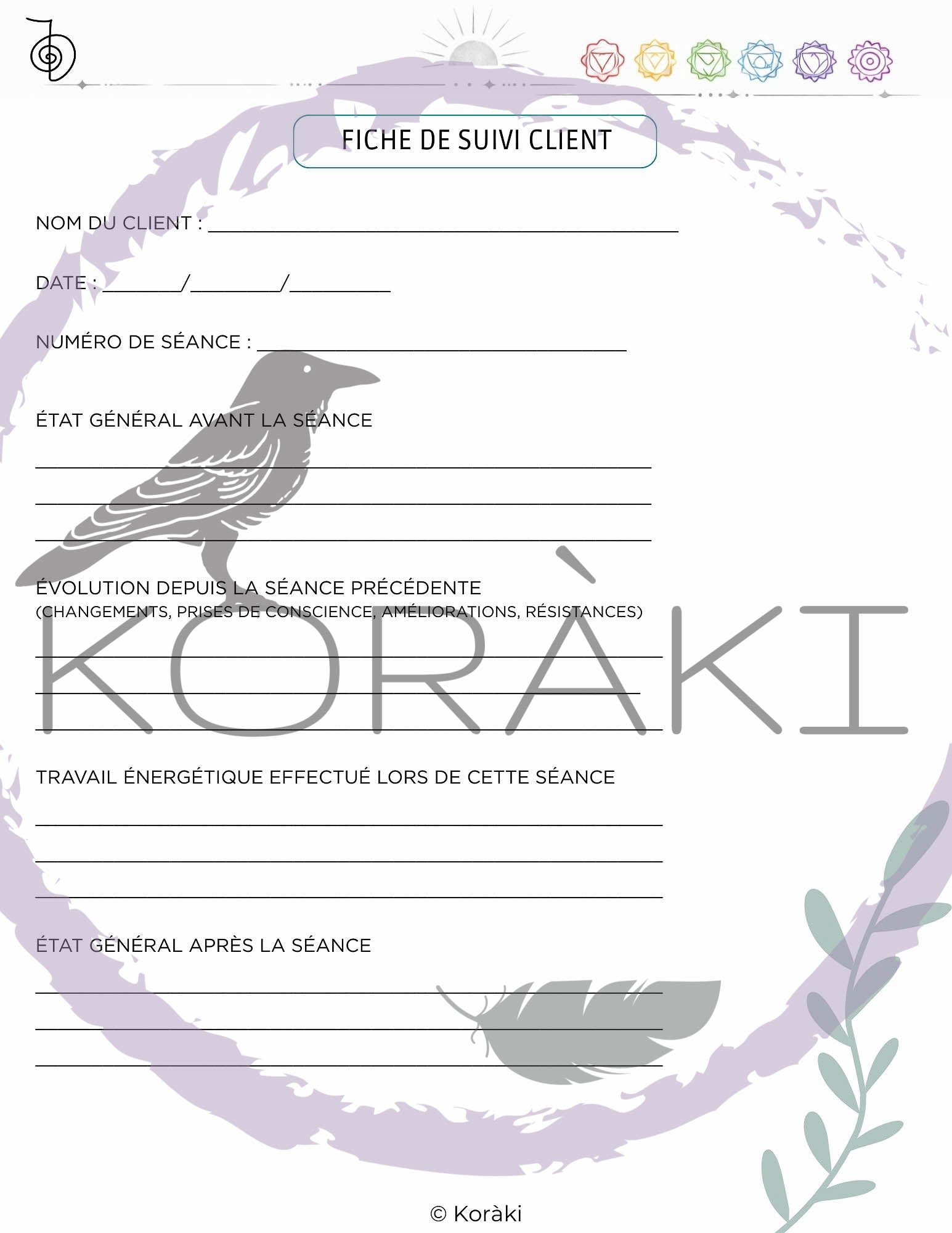 Pack documents praticien Reiki – Formulaires client, séance, suivi & chakras – PDF imprimable