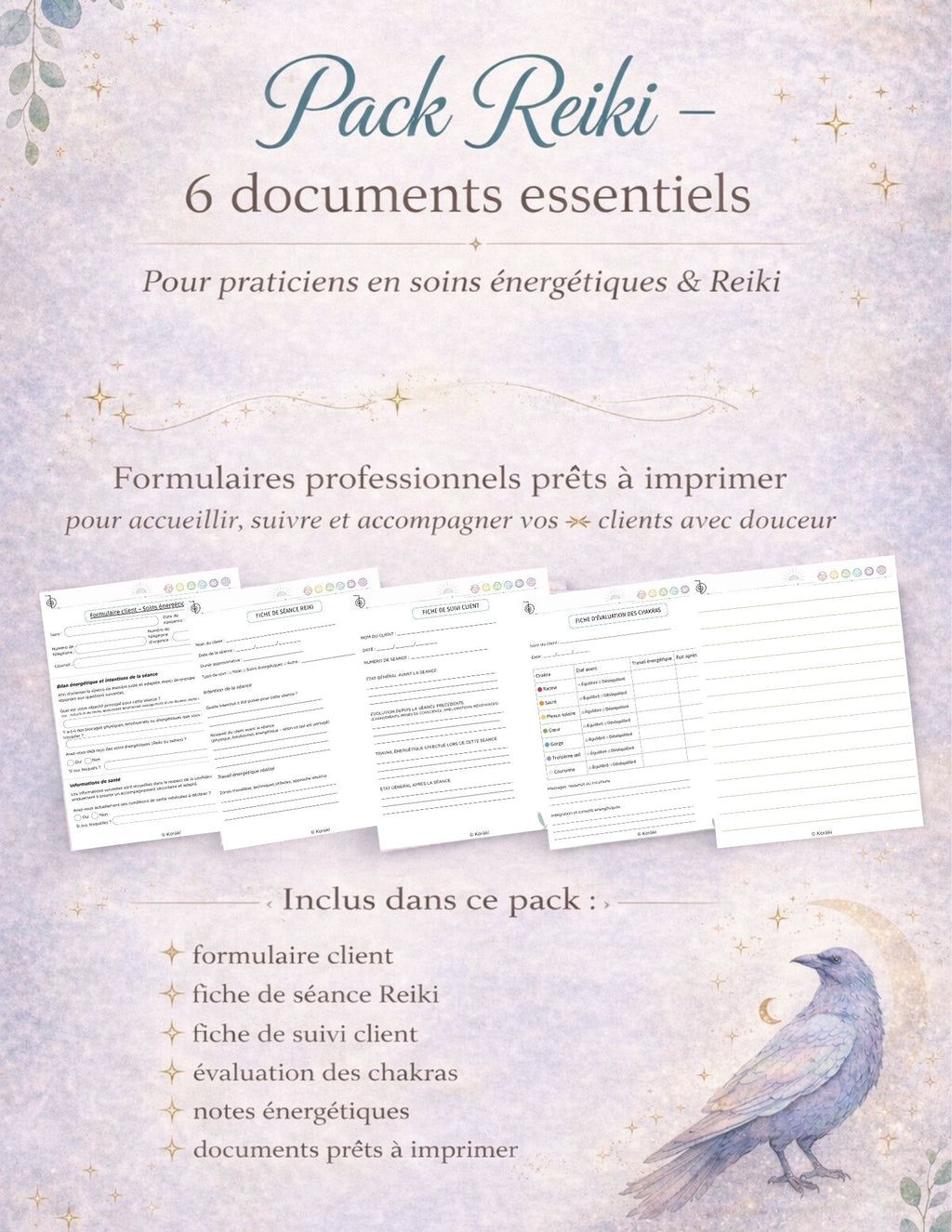 Pack documents praticien Reiki – Formulaires client, séance, suivi & chakras – PDF imprimable