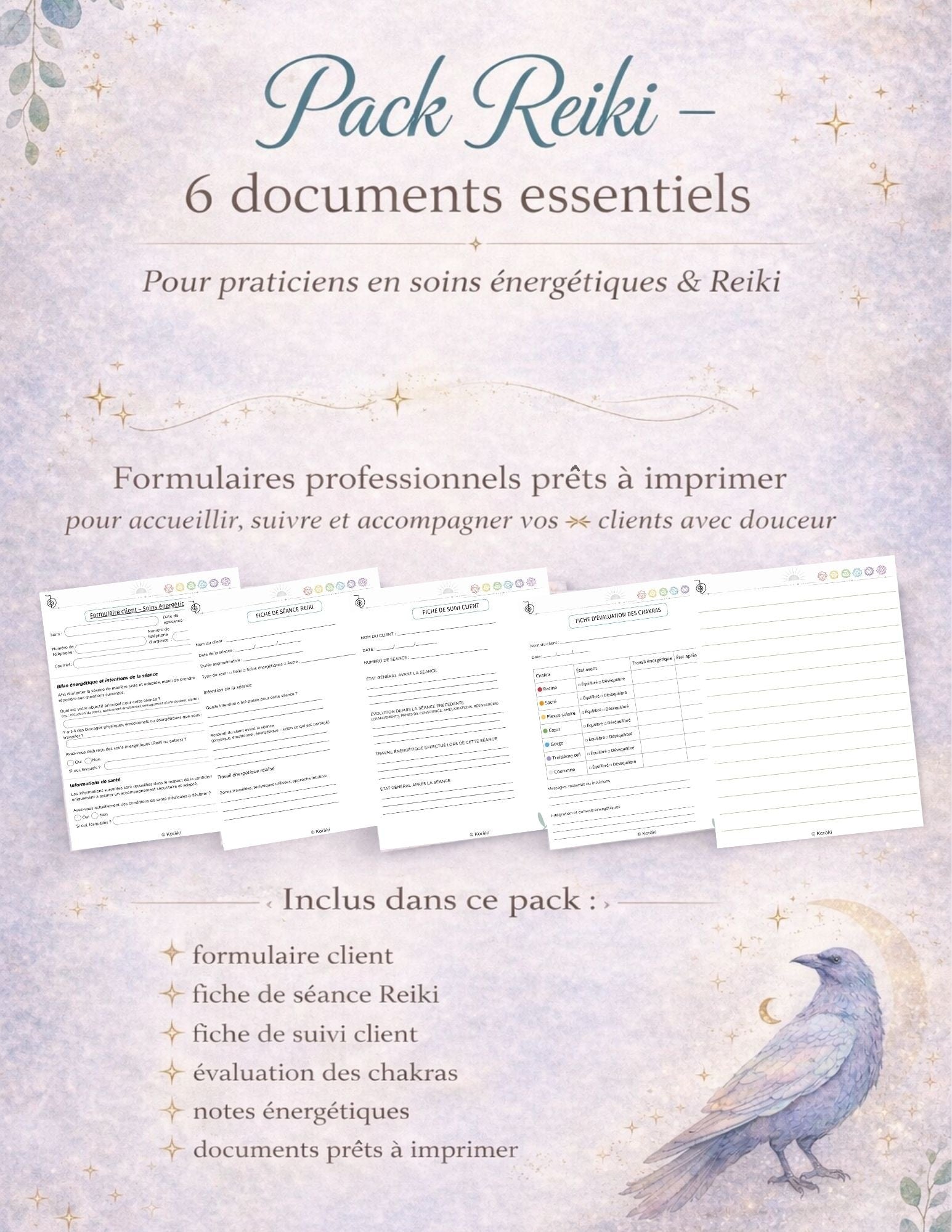 Pack documents praticien Reiki – Formulaires client, séance, suivi & chakras – PDF imprimable